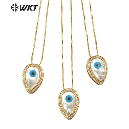 WT-MN972 Fashion Gold Electroplated Cubic Zircon Trim Natural Shell Teardrop Eye Necklace in Adjustable Women Turkey Necklace