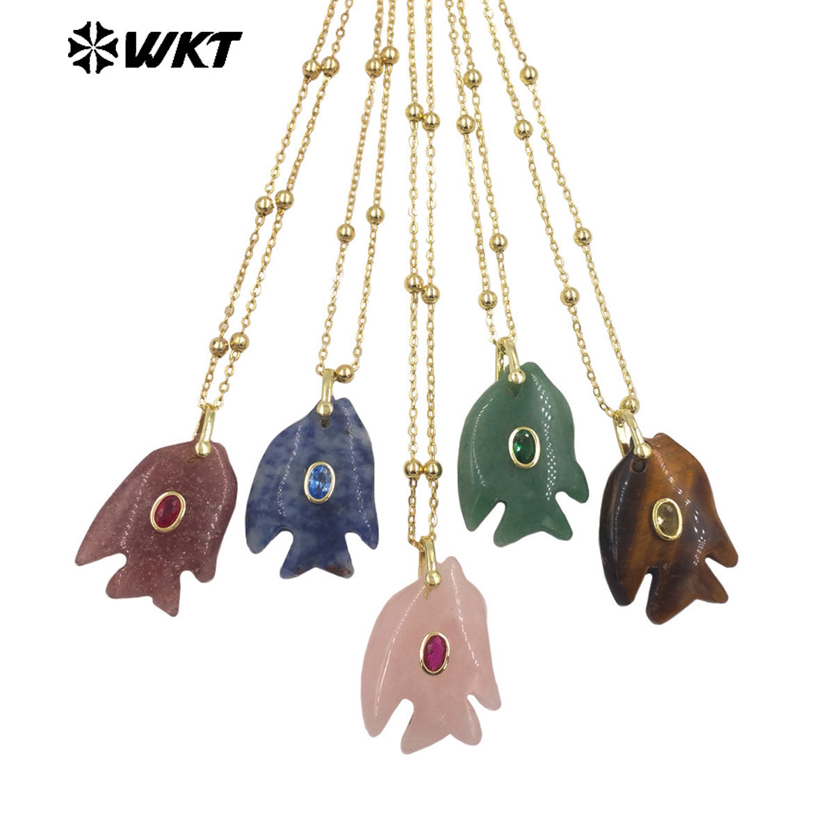 WT-N1511 Ocean Series Bead Chain And Zircon Setting In Natural Gemstones Fish Shape Pendant Necklace As Lady Trendy Matching