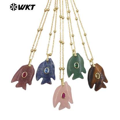 WT-N1511 Ocean Series Bead Chain And Zircon Setting In Natural Gemstones Fish Shape Pendant Necklace As Lady Trendy Matching