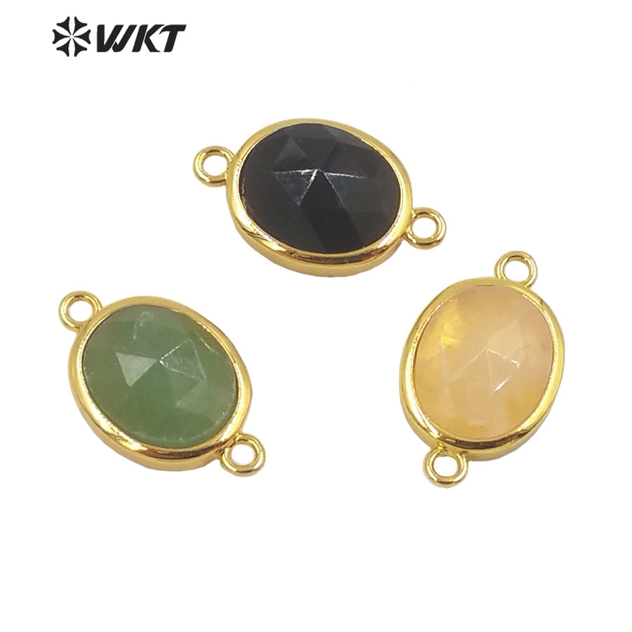 WT-C306 Wholesale Delicate Double Loops Stone Connector Jewelry Findings Chain Faceted Oval Shape Gemstone Charm Pendant