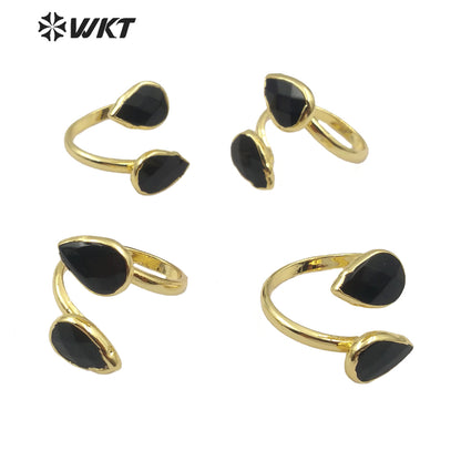 WT-R348 Wholesale Double Teardrop Natural Black Agate Ring Fashion Gold Plated Women Charm Jewelry Natural Stone Ring