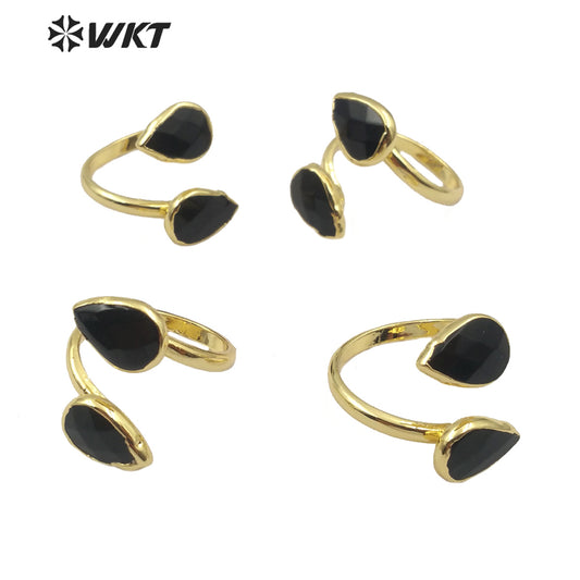 WT-R348 Wholesale Double Teardrop Natural Black Agate Ring Fashion Gold Plated Women Charm Jewelry Natural Stone Ring