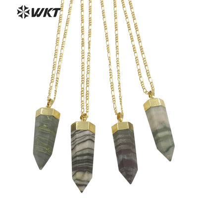 WT-N1301 New Stone Fashion Hexagon Spirit Jade Stone Pendant Necklace 18 Inch Long Chain Women Gold Stone Necklace