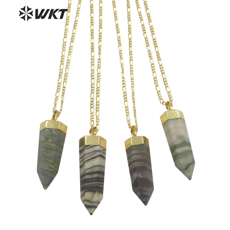 WT-N1301 New Stone Fashion Hexagon Spirit Jade Stone Pendant Necklace 18 Inch Long Chain Women Gold Stone Necklace