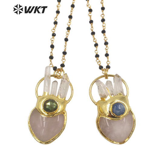 WT-N1348 WKT 2022 Fashion 18k Real Gold Plated Rose Quartz Heart Statement Necklace Women Big Natural Stone Pendant Necklace