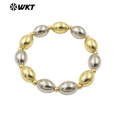 WT-JF348 Wholesale 18k Real Gold Plated Unique Steel and Gold Mixsure Bullet Brass Beads Stretch Bracelets