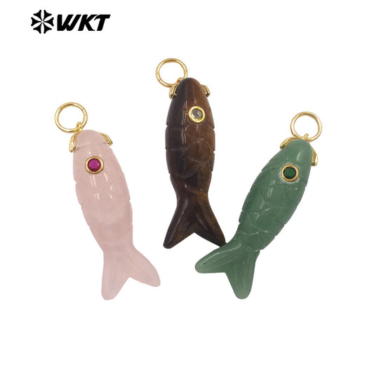 WT-P2069 Cute Design Zircon And Natural Gemstones Hand Carved Fish Shape Little Pendants For Lady Jewelry DIY Accessory