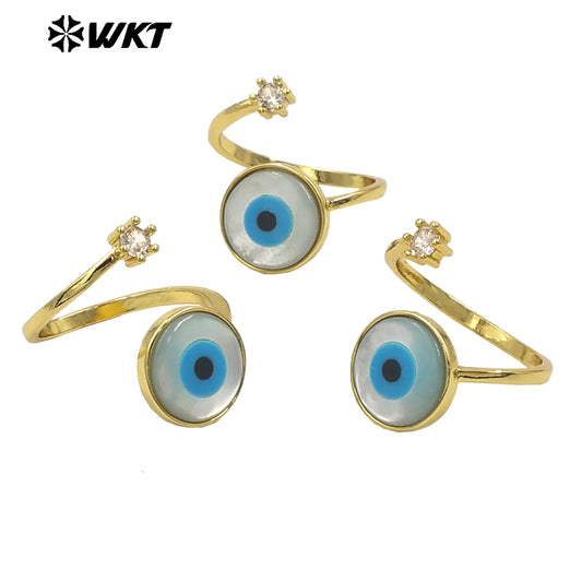 WT-MPR098 WKT New Design 18K Real Gold Plated Natural Round Shell Eye With Zircon Charms Fashion Lady Ring