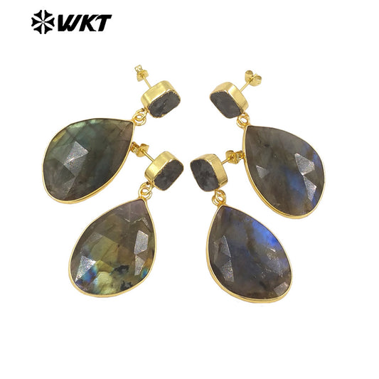 WT-E675 WKT New Gorgeous Natural Labradorite Stone Earrings Gold Trim High Quality Stone Dangle Earrings for Women Birthday