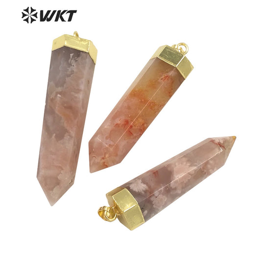 WT-P1639 WKT New Natural Long Spirit Quartz Point Cherry Agate Stone Jewelry Pendant 18k Gold Plated Hexagonal Point Pendant