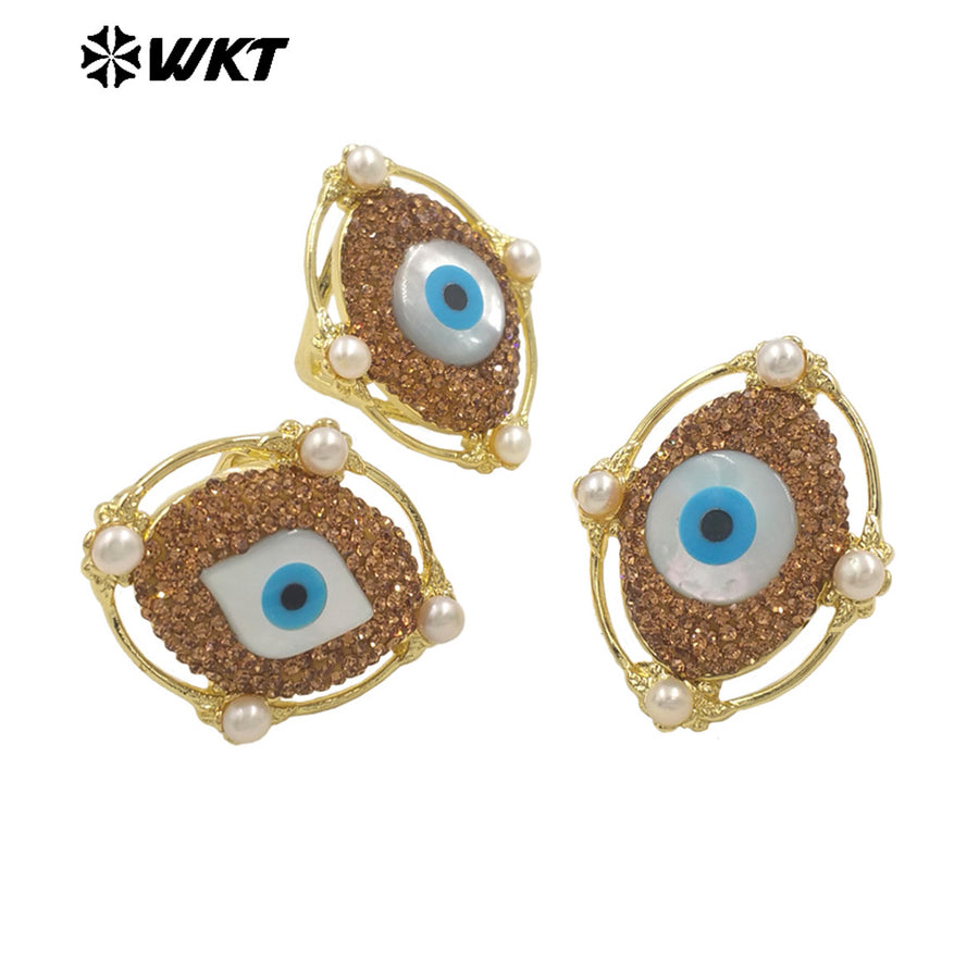 WT-MPR116 New Design Vintage Eye 18K Gold Plated Round Pearl Rhinestone Ring Niche Cultural Jewelry for Both Men and Women
