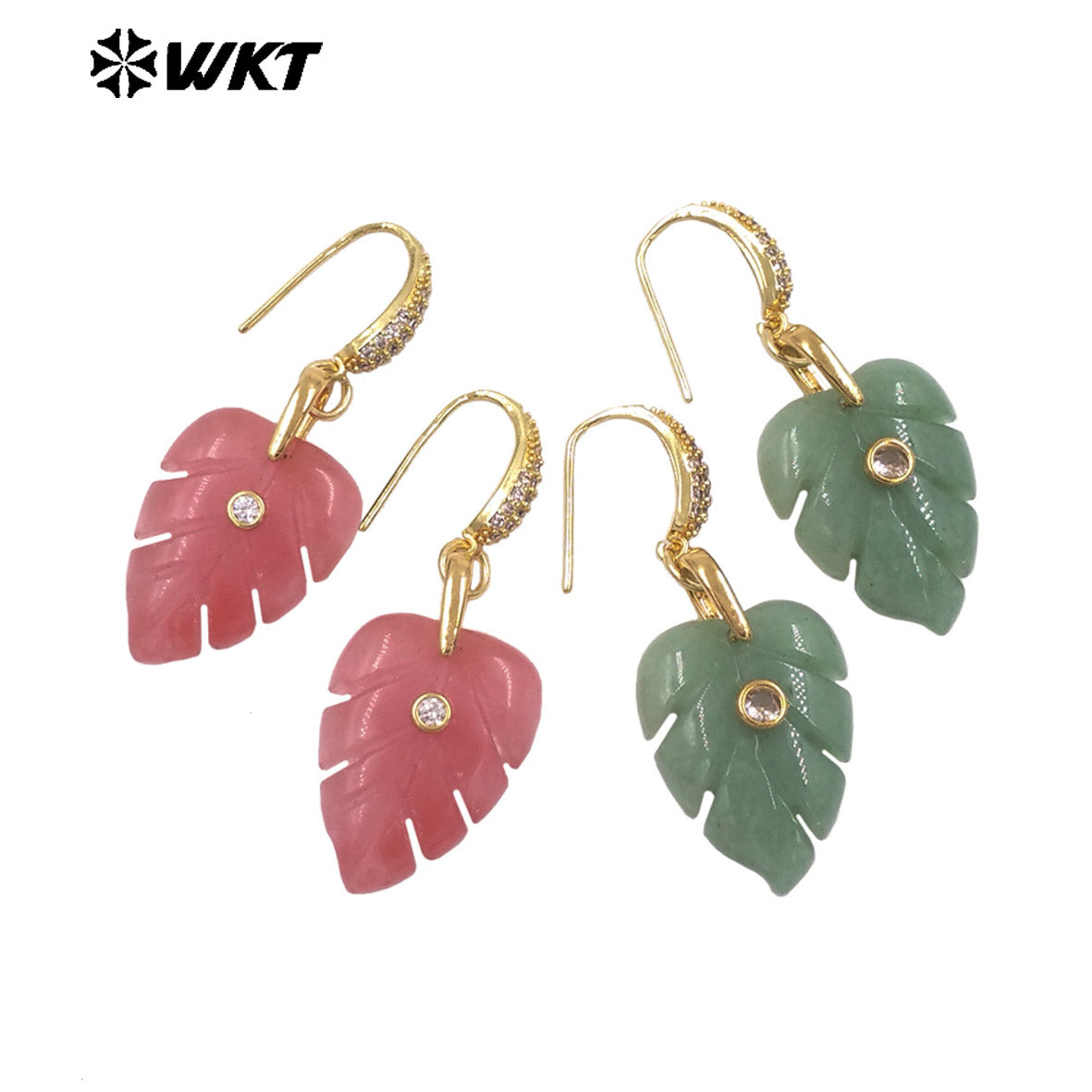WT-E829 Wholesale Popular Zircon And Colorful Natural Gemstones Carved Leaf Shape Gold Earrings For Women Lovely Jewelry