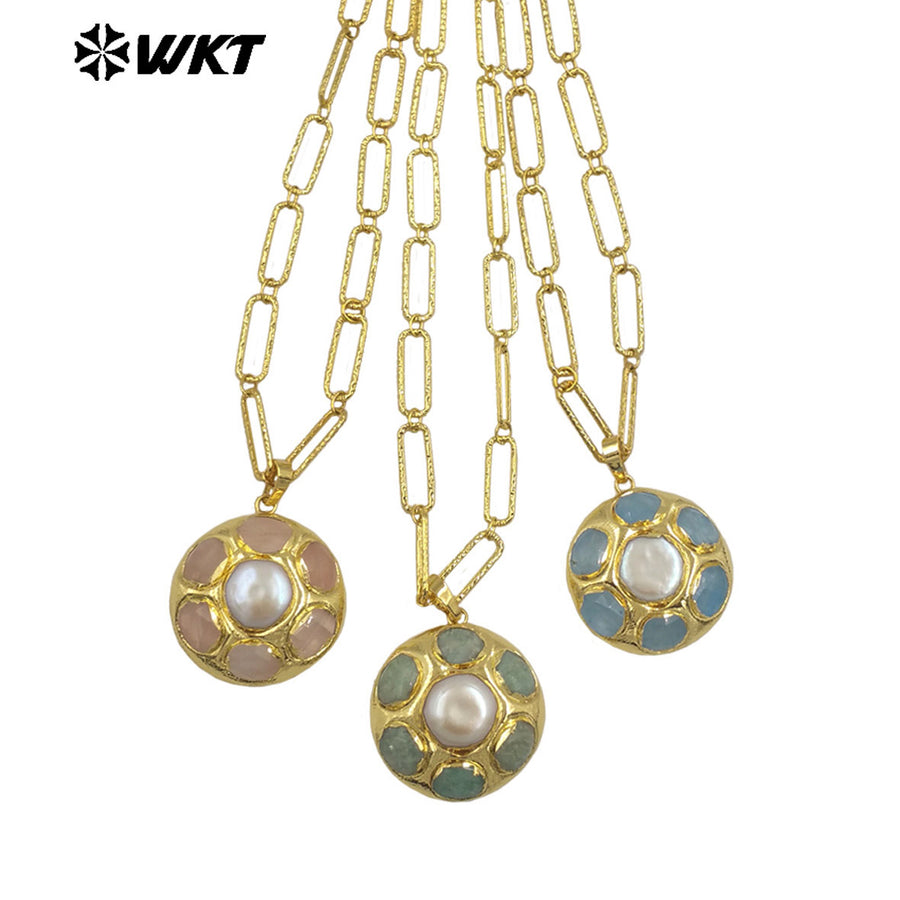 WT-N1493 Amazing Big 18k Real Gold Plated Link Chain Necklace With Round Natural Gemstone and Pearl Assemble Pendants Necklace