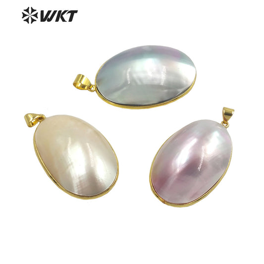 WT-JP338 Wholesale Fashion Gold Bezel Brightly Natural Mabe Shell Pendant Long Oval pink Shell Jewelry Pendant for Friend Gift