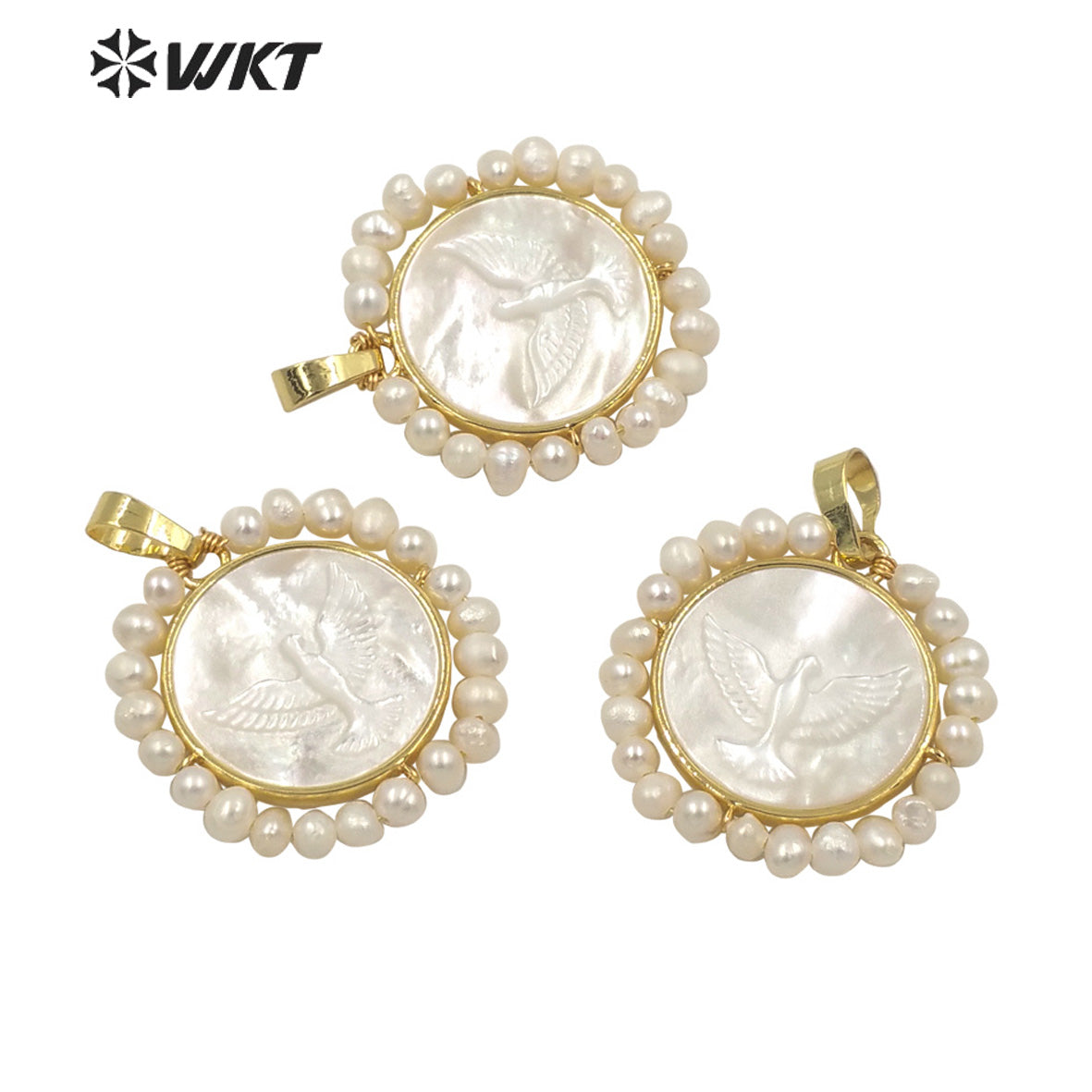 WT-JP263 Amazing WKT new design Gold bezel lucky white pearl pendant handmade wire wrapped round Peace pigeon pendant