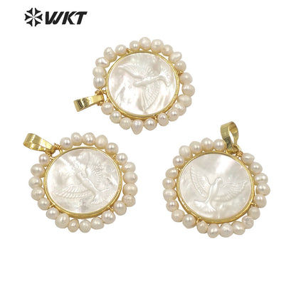 WT-JP263 Amazing WKT new design Gold bezel lucky white pearl pendant handmade wire wrapped round Peace pigeon pendant