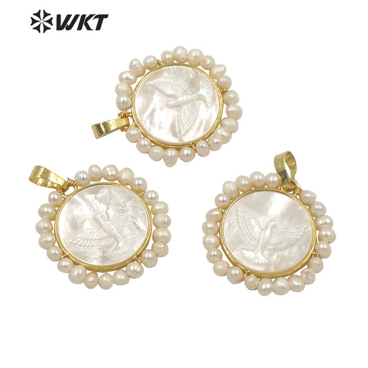 WT-JP263 Amazing WKT new design Gold bezel lucky white pearl pendant handmade wire wrapped round Peace pigeon pendant