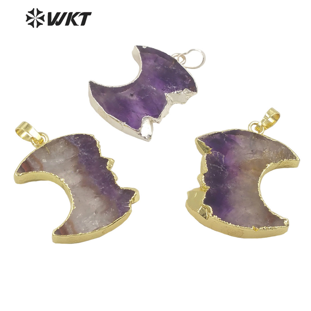 WT-P1714 Newest Fashon Gold Trim Slice Brazil Amethyst Moon Pendant Women Energy Natural Stone Carved Jewelry Pendant