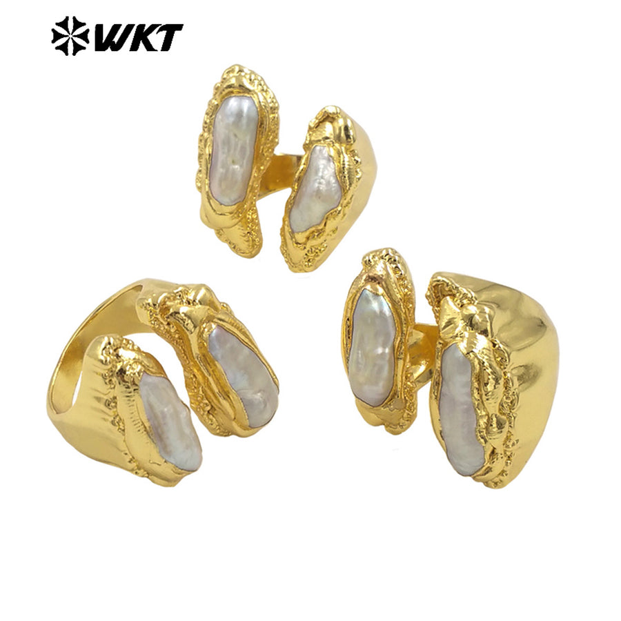 WT-MPR108 WKT New Vacano Series Design 18K Gold Plated Freshwater Pearl and Amazonite Stone Ring in Adjustable Size