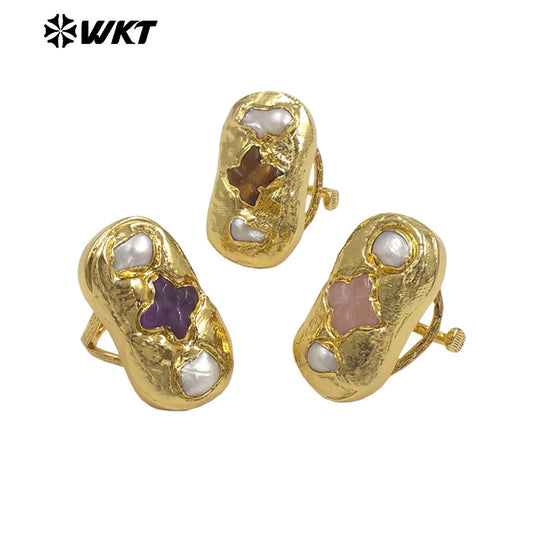 WT-MPR154 Exclusive Design Gold Plated Amethyst Natural Gemstone And Freshwater Pearls Cross Rectangle Rings For Party Jewelry