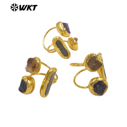 WT-R606 Vintage Style Gold Plated Three Natural Gemstones Triangle Women Adjustable Rings For Dance Party Matching Jewelry