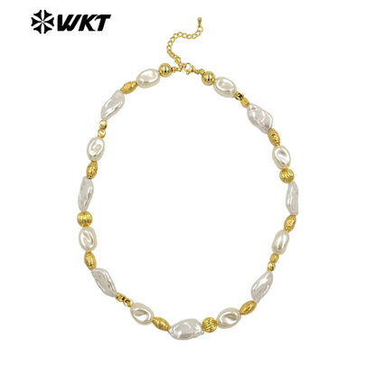 WT-JN293 Wholesale Hot Sale 16 Inch Flat and Round Artificial Pearl Gold and Silver Necklace Temperament Jewelry for Party Dress