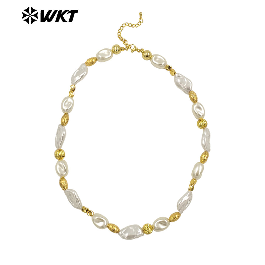 WT-JN293 Wholesale Hot Sale 16 Inch Flat and Round Artificial Pearl Gold and Silver Necklace Temperament Jewelry for Party Dress