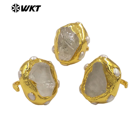 WT-MPR135 Top Quality Excellent Women And Men Jewelry Gold Electroplated With Raw Crystal Quartz Stone Adjustable Size Rings