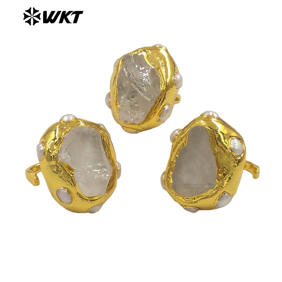 WT-MPR135 Top Quality Excellent Women And Men Jewelry Gold Electroplated With Raw Crystal Quartz Stone Adjustable Size Rings