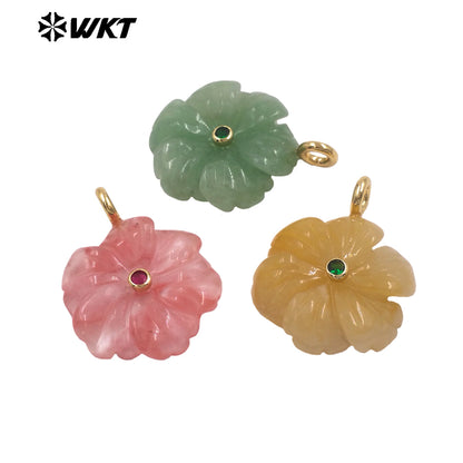WT-JP522 Popular Trendy Zircon And Colorful Natural Gemstones Hand Carved Flower Shape Gold Pendants For Lady Jewelry Design