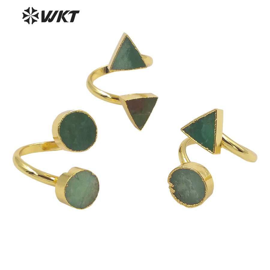 WT-R371 Wholesale Newest Design Double Stone Chrysoprase Jade Ring 18k Real Gold Plated Resist Tarnishable Jewelry Ring