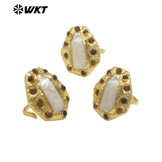 WT-MPR132 Wholesale Punk Style Ring 18K Gold Plated With Natural Stone and Pearl Handmade Daily Ring