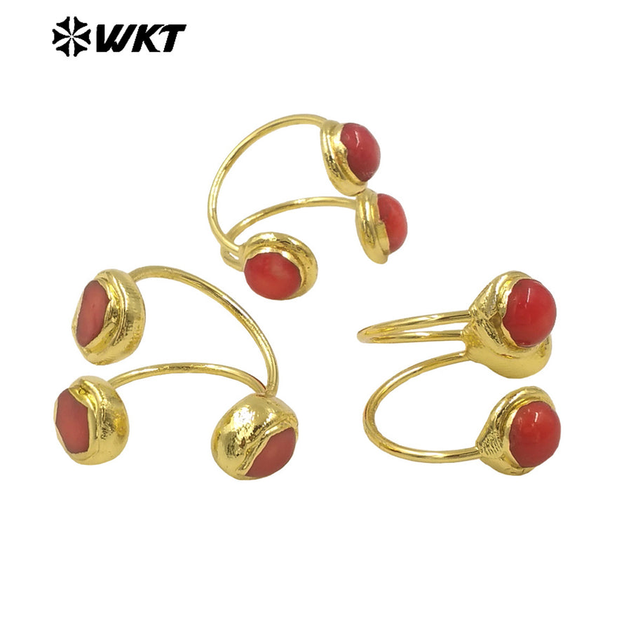 WT-MPR119 Wholesale Hot Style Temperament Attractive 18K Gold Plated Two Red Coral Adjustable Ring for Women As Anniversary Gift