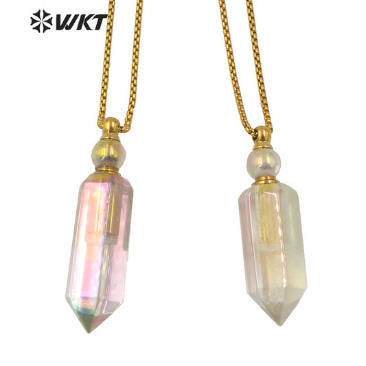 WT-N1261 Hot Sale Natural Crystal Quartz Point Essential Oil Necklace Stainless Steel Chain Natural Aura Perfume Bottle Necklace