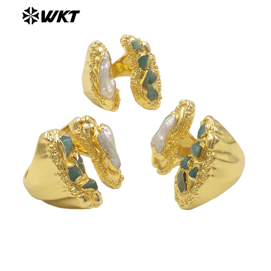 WT-MPR108 WKT New Vacano Series Design 18K Gold Plated Freshwater Pearl and Amazonite Stone Ring in Adjustable Size