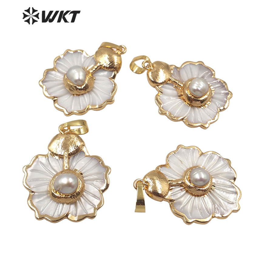 WT-JP174 Stylish Hot Sales Natural Shell Pendant Flower Shape Shell Pendant With Pearl Women Charm New Jewelry Pendant