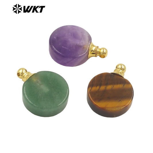 WT-P1982 Wholesale Fashion High Polish Round Flat Women Gold Loops Natural Gemstone Made Amethyst Essencial Oil Bottle Pendant