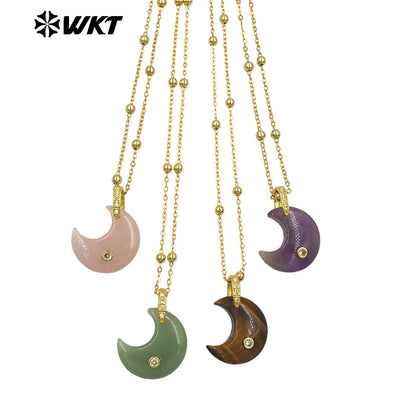 WT-N1530 Factory Wholesale Multiple Natural Gemstones Moon Shape Gold Little Pendants Necklaces For Lady Birthday Gifts