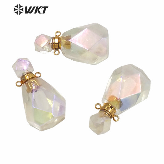 WT-P1593 WKT Exclusive New Amazing Gold Aura Crystal Quartz Faceted Perfume Oil Pendant Hotsale Women Angel Color Bottle Pendant