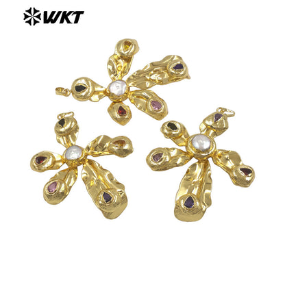 WT-JP454 Gorgeous Gold Plated Natural Freshwater Pearl And Cubic Zircon Windmill Shape Charm Pendant For Fashion Jewelry Making