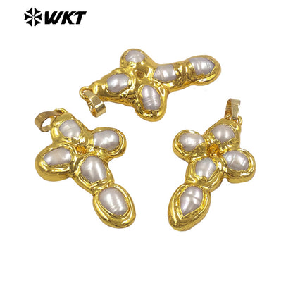 WT-JP436 Popular Sales Gold Plated Cross Shape Natural Freshwater Pearl Little Charm Pendants High Quality Boutique Accessories