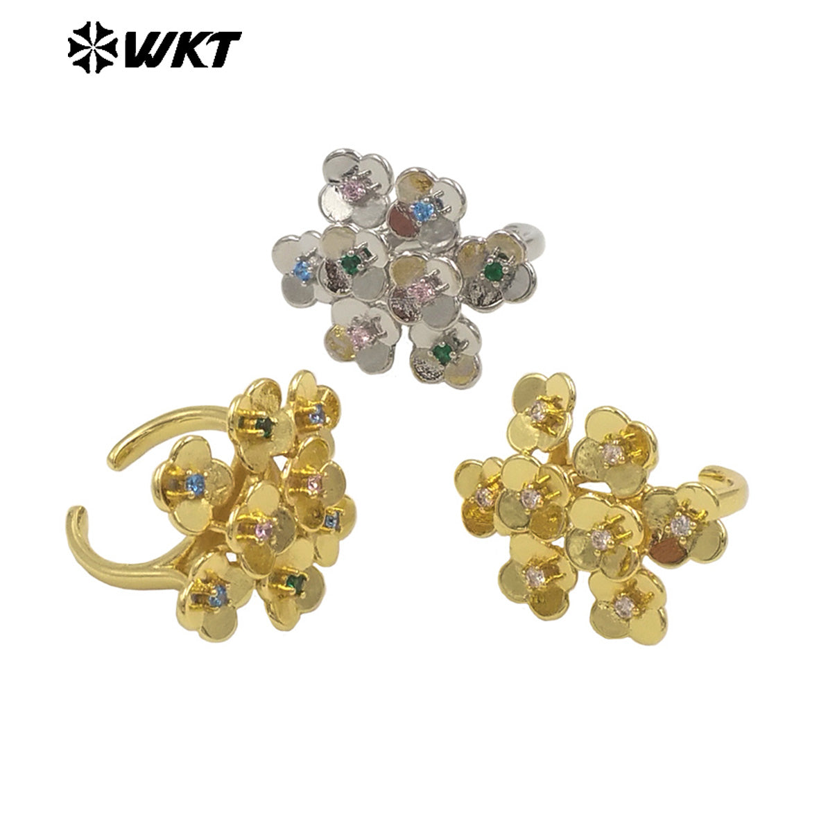 WT-MR038 WKT New Design Micro Pave Colorful Cubic Zircon Attractive Flower Ring for Friend Gift