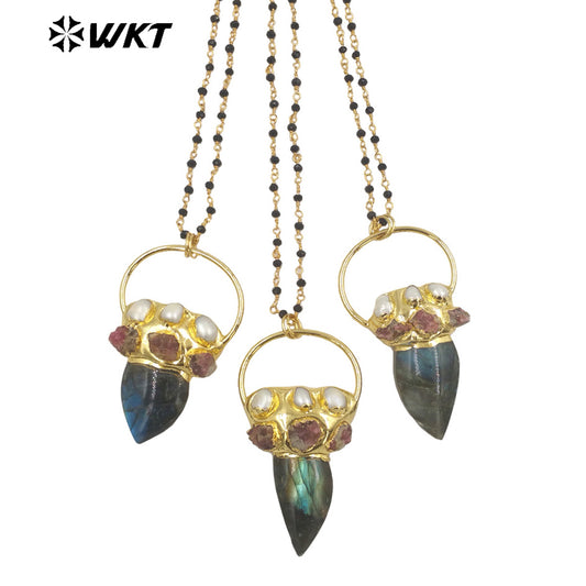WT-N1422 Gorgeous Natural Labradorit Necklace 28inch Long Layer Vintage Boho Beads Necklace Casual Long Statement Necklace