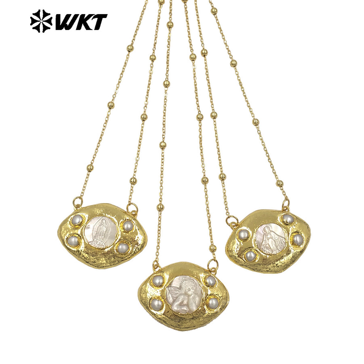 WT-JN391 High Quality Thin Bead Chain With Gold Electroplated Religious Patterns MOP Charms Necklaces For Lady Fashion Jewelry