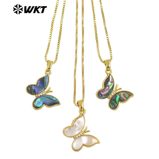 WT-JN282 Wholesale New Design Natural White Pearl Shell and Abalone Made Butterfly Charm Necklace in 18 Inch Long