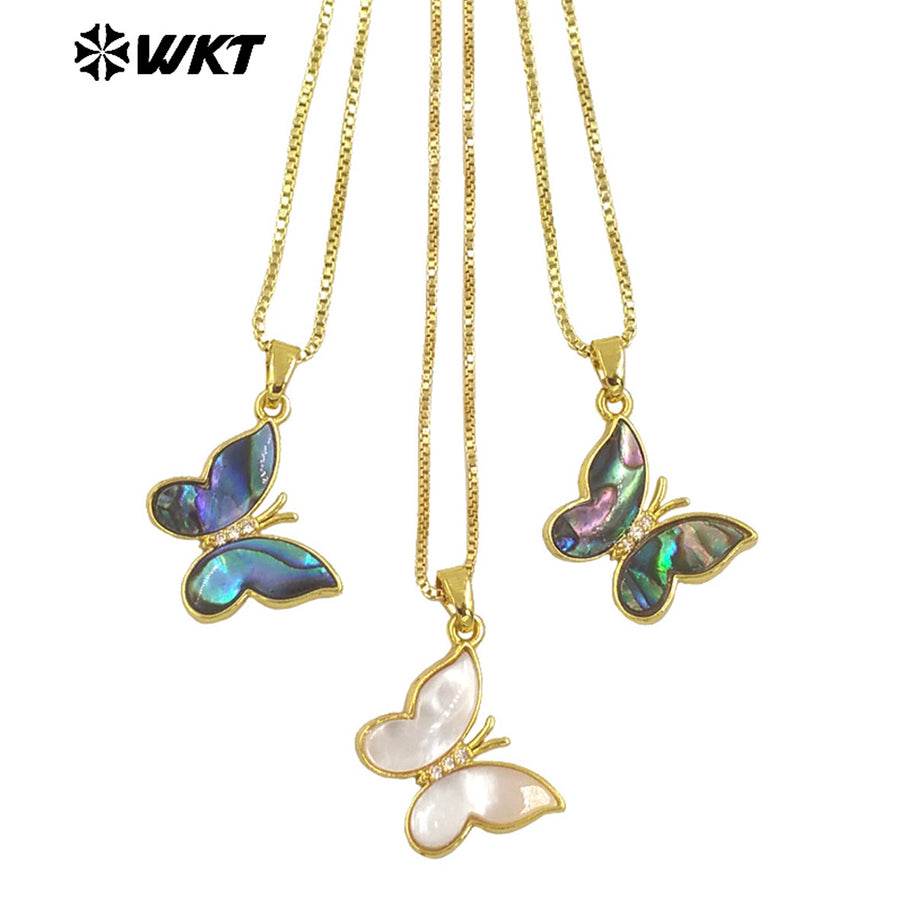 WT-JN282 Wholesale New Design Natural White Pearl Shell and Abalone Made Butterfly Charm Necklace in 18 Inch Long