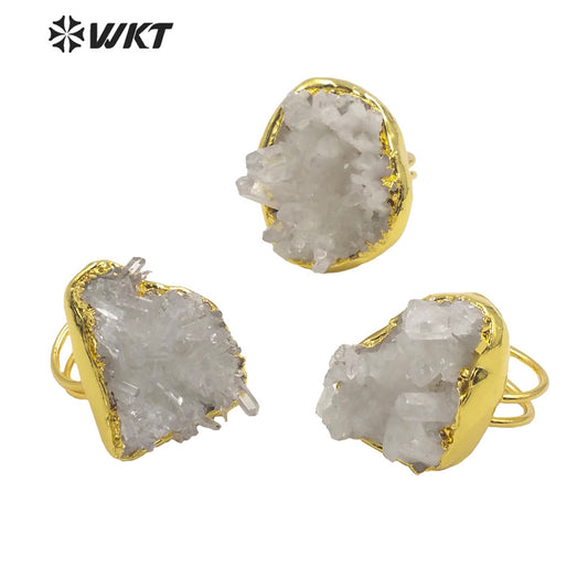 WT-R404 High Quality Natural White Cluster Quartz Pendant with 18k Real Gold Plated Snow Adjustable Ring Women Quartz Ring