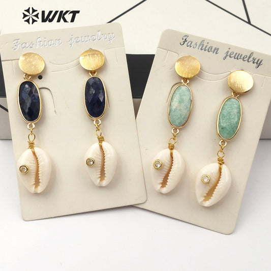WT-E564 New Design Natural Cowrie Jewelry Long Earrings With Stone and Cowrie Earring Lady Fashion Earrings
