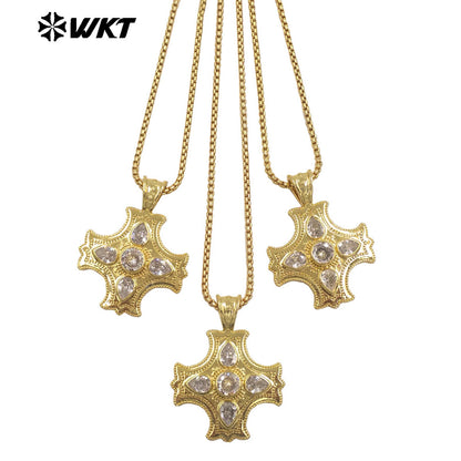 WT-JFN66 Popular Trendy Gold Plated Yellow Brass And Zircon Cross Shape Pendants Necklace For Lady Party Decorative Jewelry