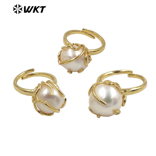 WT-MPR054 Wholesale Round Claw Setting Irregular One Pearl Ring Fashion 18k Gold Plated Freshwater Handmade Wedding Pearl Ring